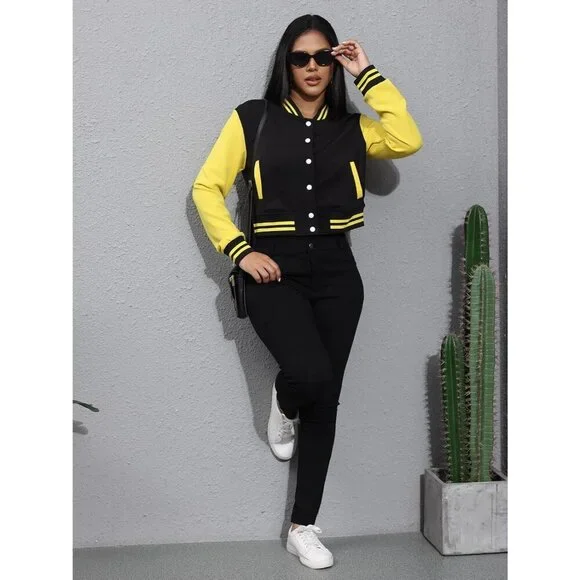 Women's Varsity Long Sleeve Button Down Bomber Jacket Streetwear Black Yellow - Picture 5 of 5